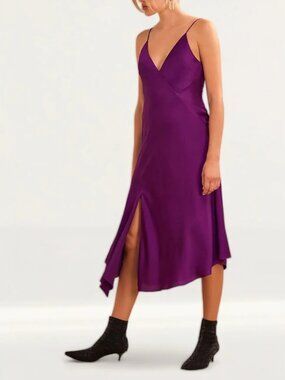 Keepsake The Label Purple Satin Midi Slip Dress Plunge Neck Party Classy Size XL